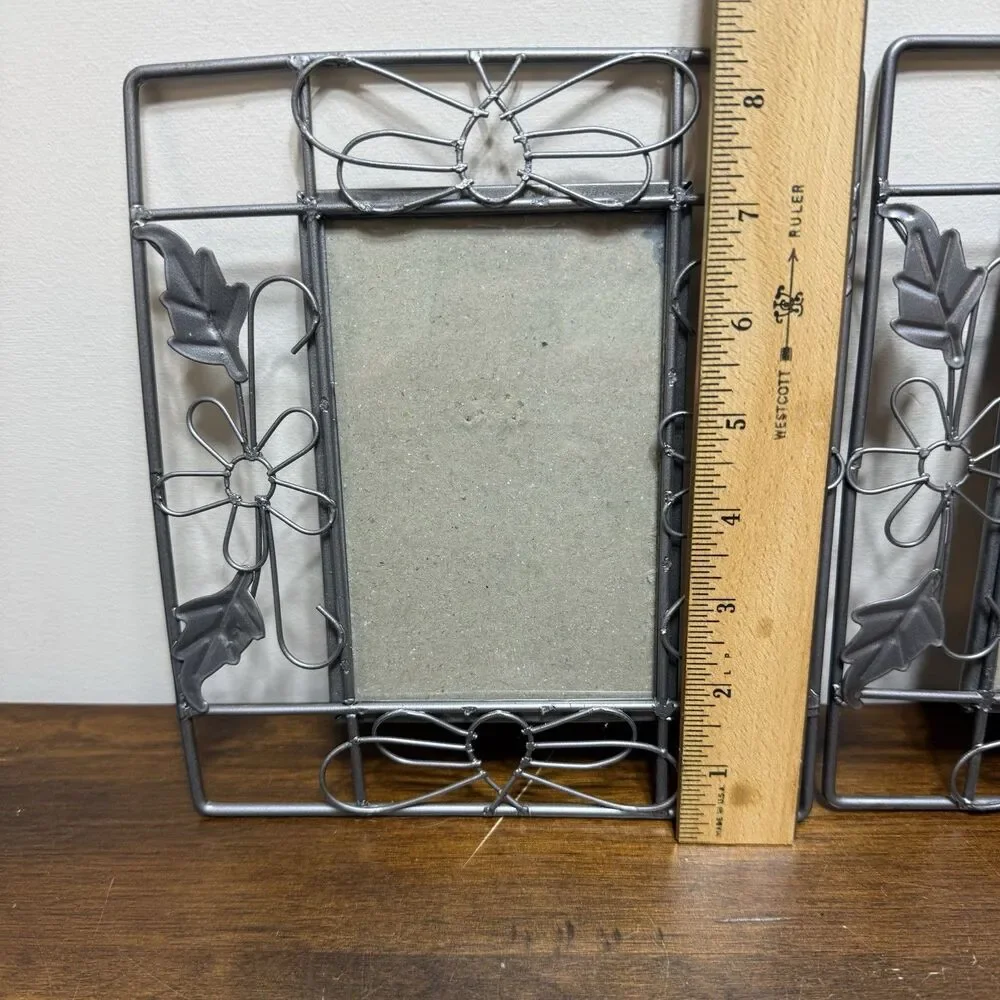 Pair Vintage Metal Wire Photo Frames Ornate Butterfly Floral Silver Tone Fairy